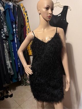 Seduction Black Fuzzy Eyelash Spaghetti Strap Dress